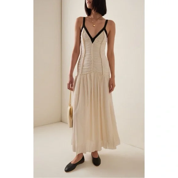 NWOT SEA New York Off-White Midi Silk-Blend Ruched Tatum Dress - Picture 1 of 8